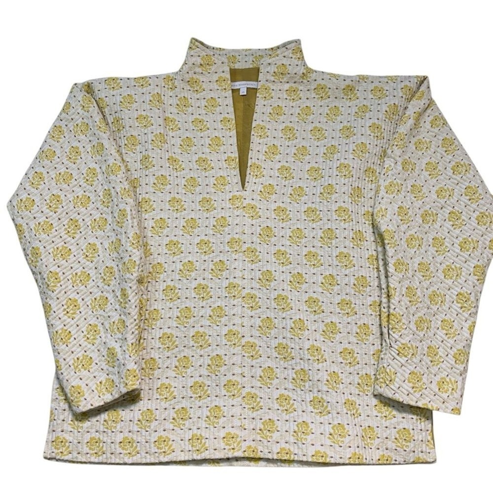 Ann Mashburn Quilted Tunic Blouse Women‎ Yellow Floral Block Print High Neck XS